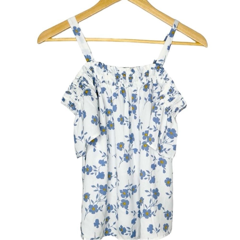 Sienna Sky Blue & White Floral Cold Shoulder Lightweight Flowy Blouse. Small.
